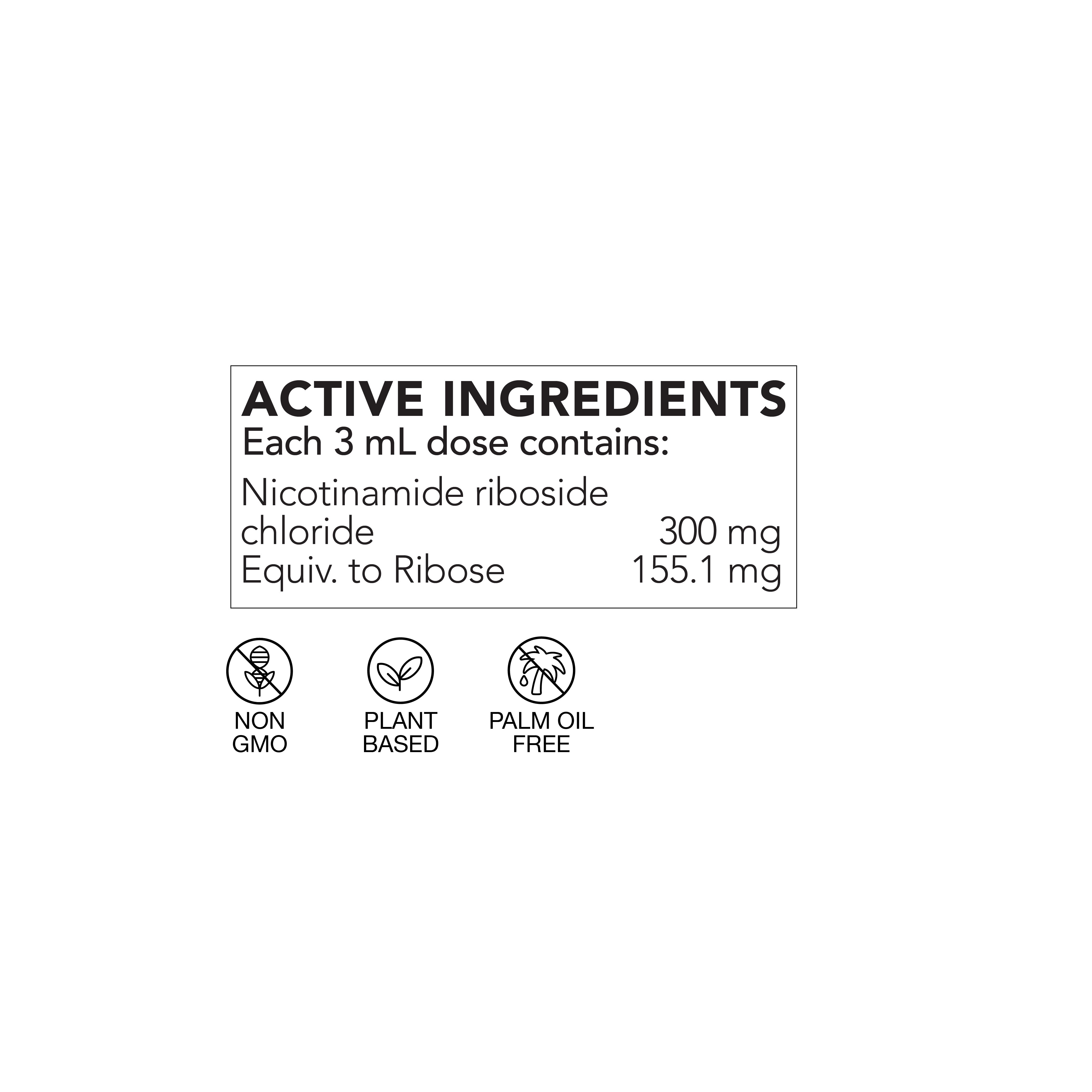 Active ingredients label for Lifecykel Liposomal NR+ with Nicotinamide riboside chloride information on a white background