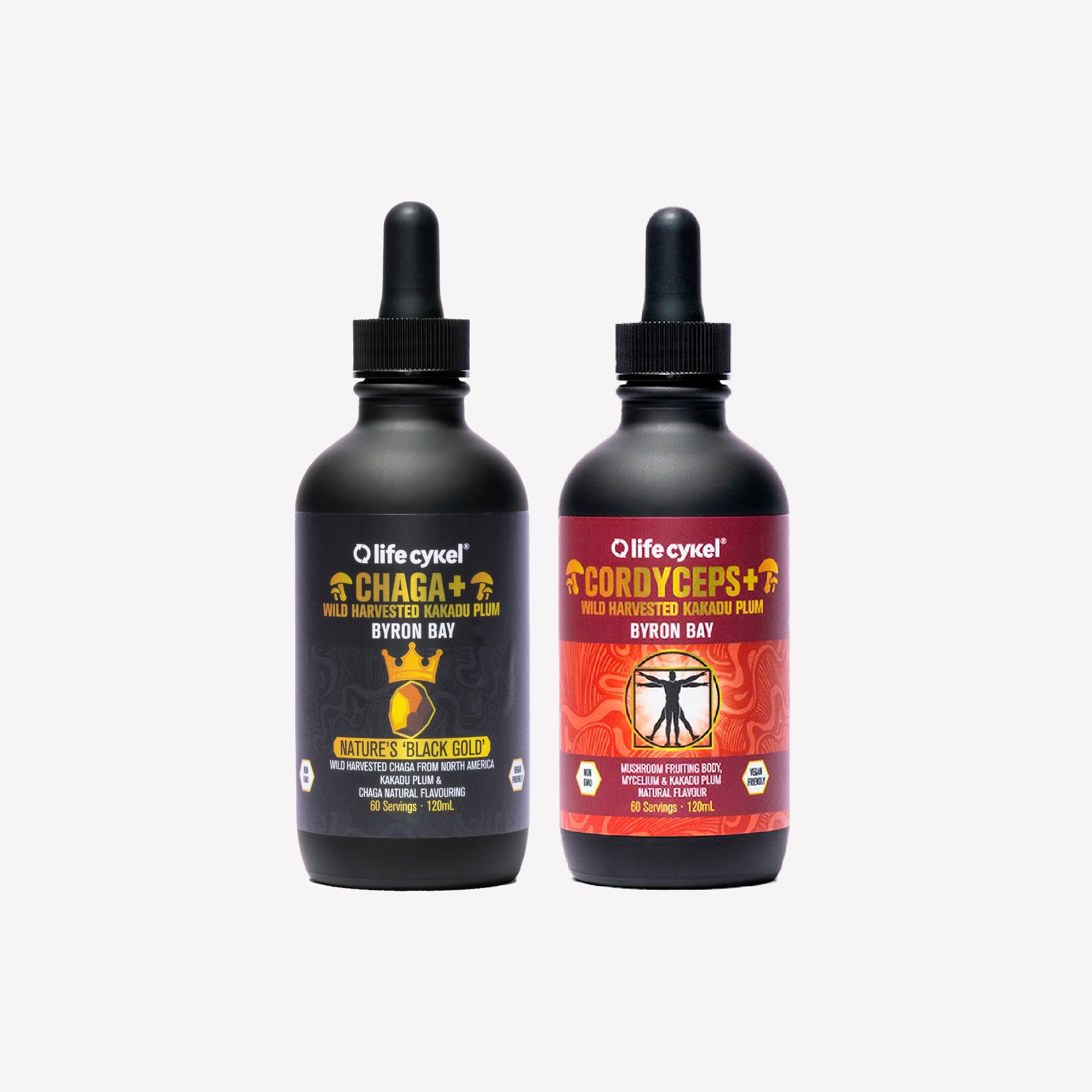 Two Lifecykel mushroom extracts bottles with labels on a white background