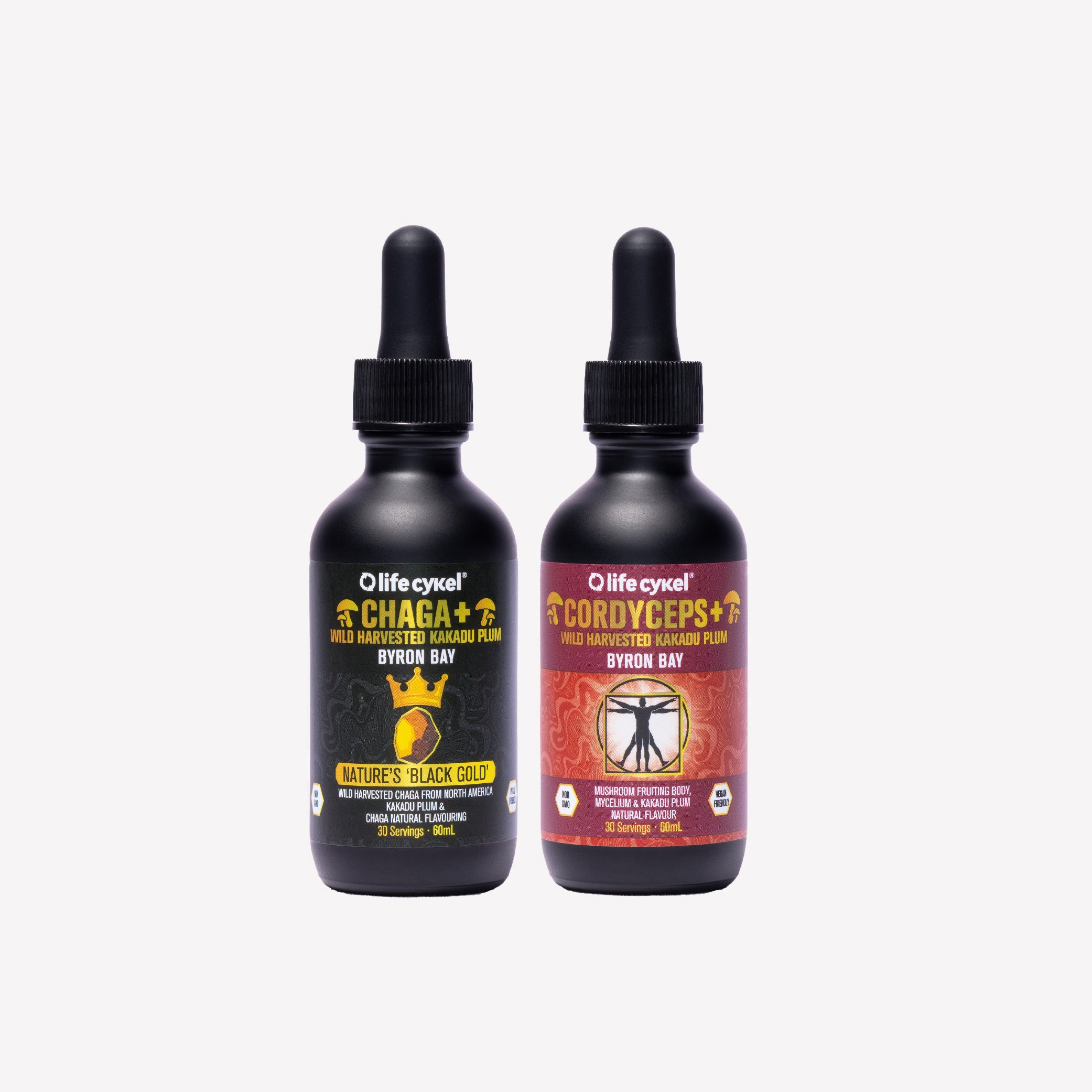 Two Lifecykel mushroom extracts bottles with droppers labeled 'Chaga' and 'Cordyceps' on a white background