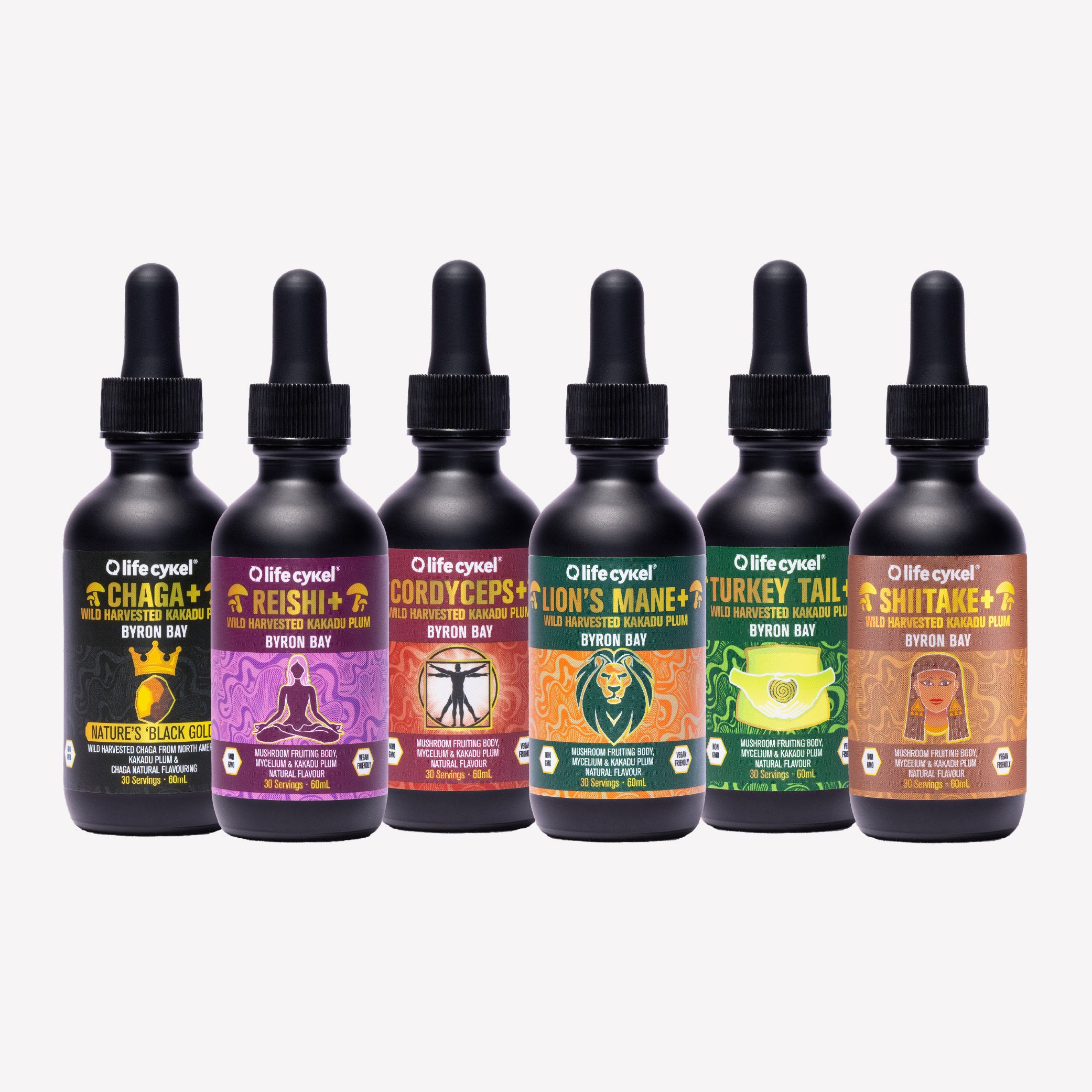 Set of Lifecykel mushroom extracts with colorful labels on a white background