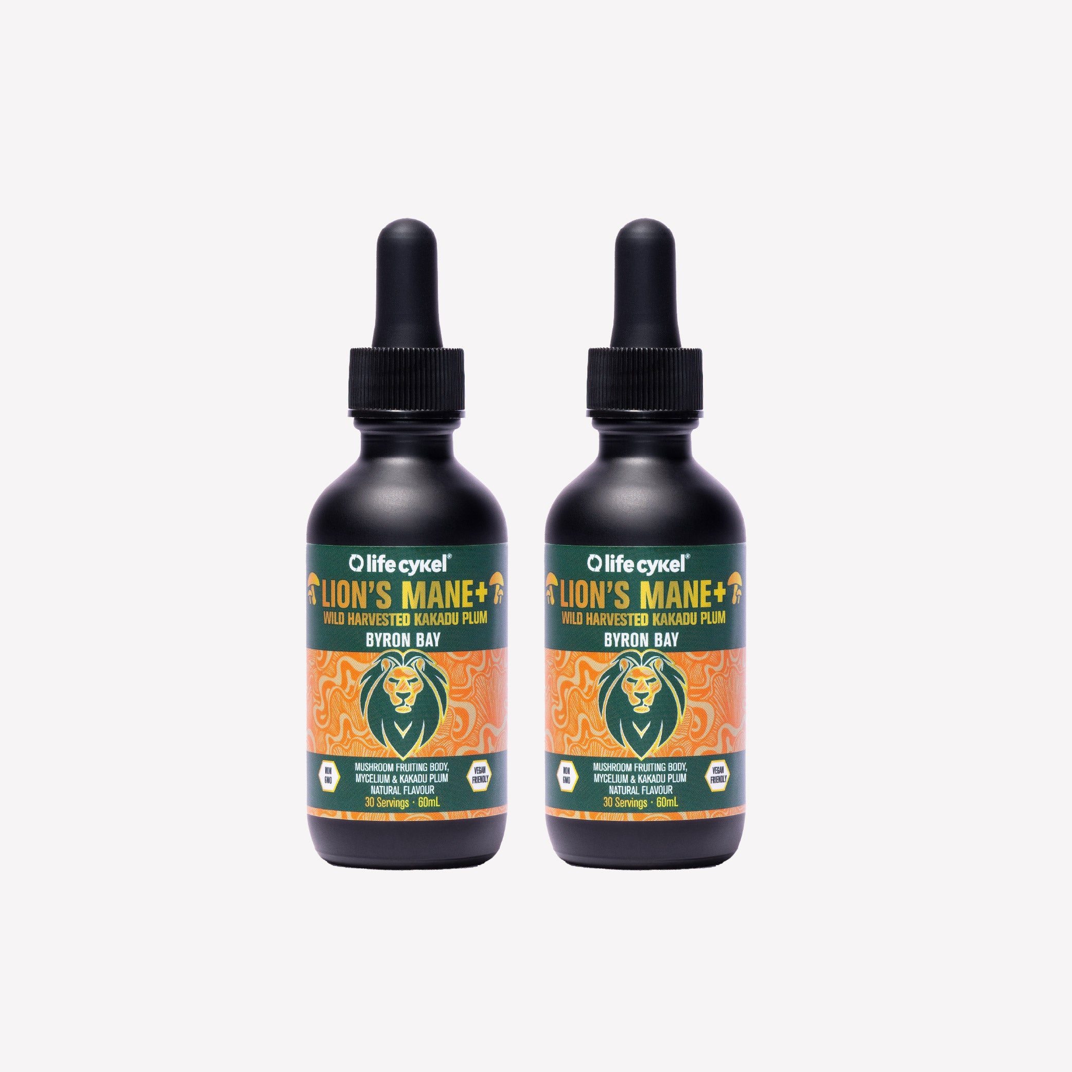 Two bottles of Lifecykel Lion's Mane on a white background