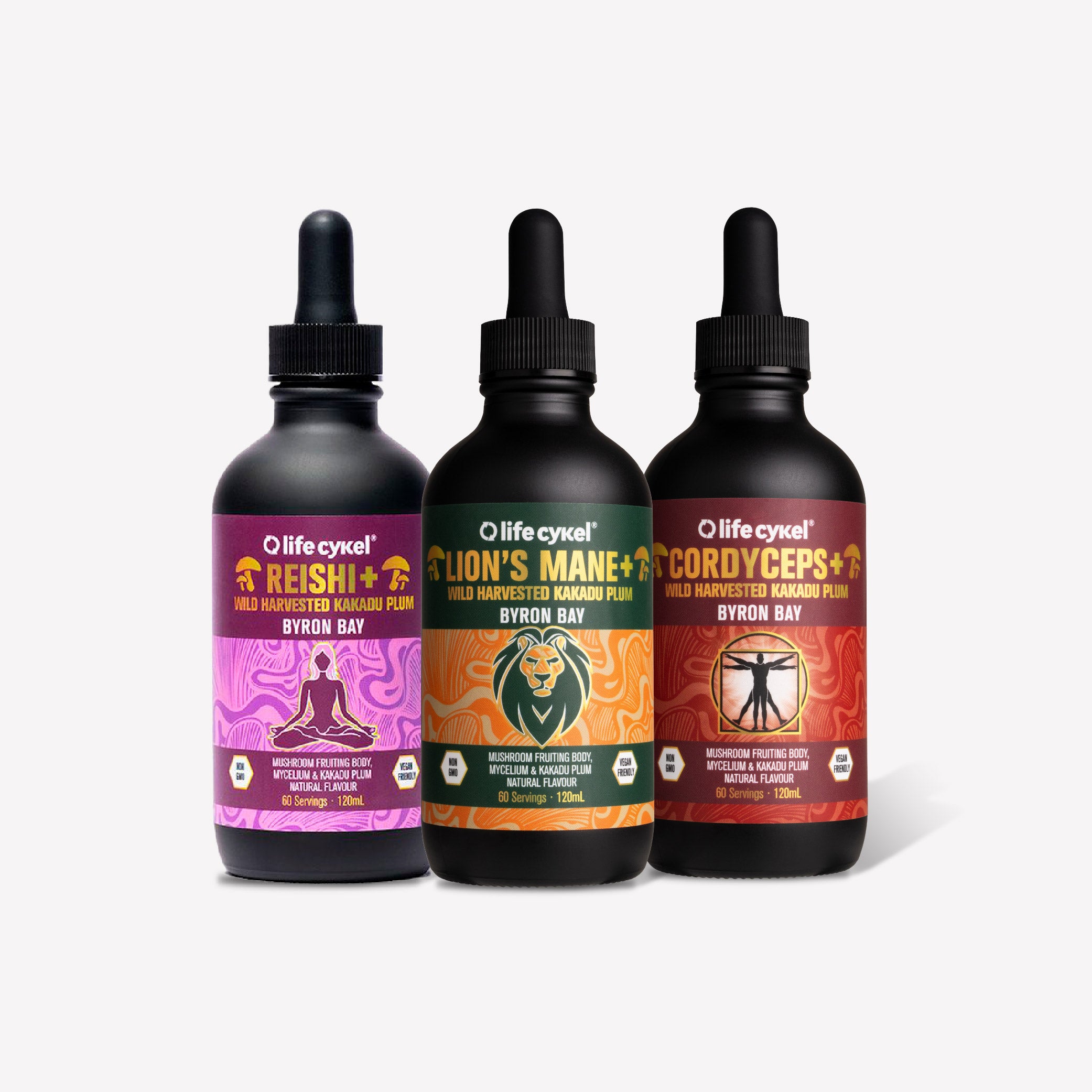 Three Lifecykel mushroom extracts on a white background
