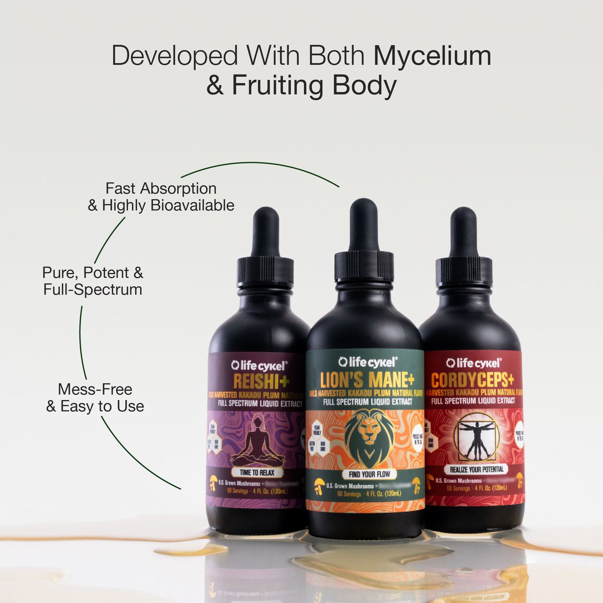 Three bottles of Lifecykel mushroom extracts with labels for Reishi, Lion's Mane, and Cordyceps on a light background.