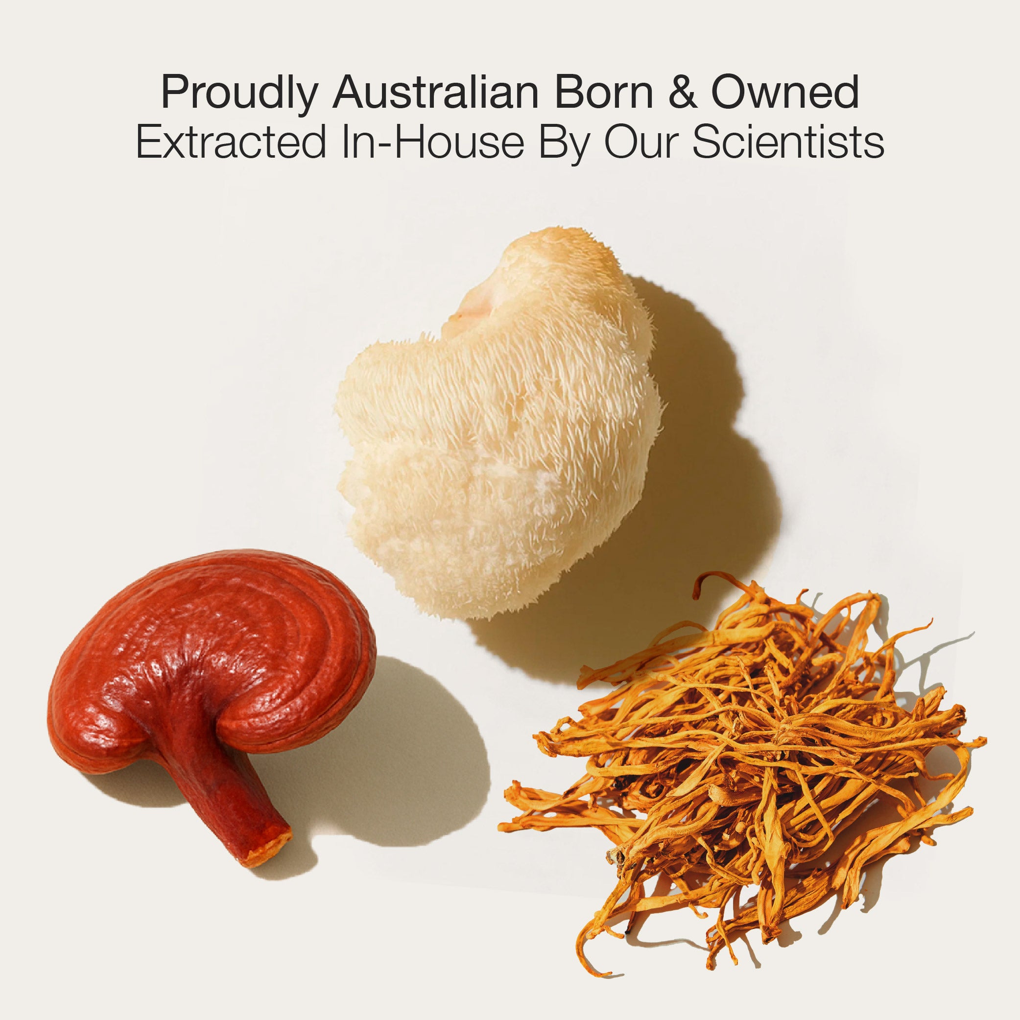 Three natural products on a white background with text about Australian origin and in-house extraction by scientists.