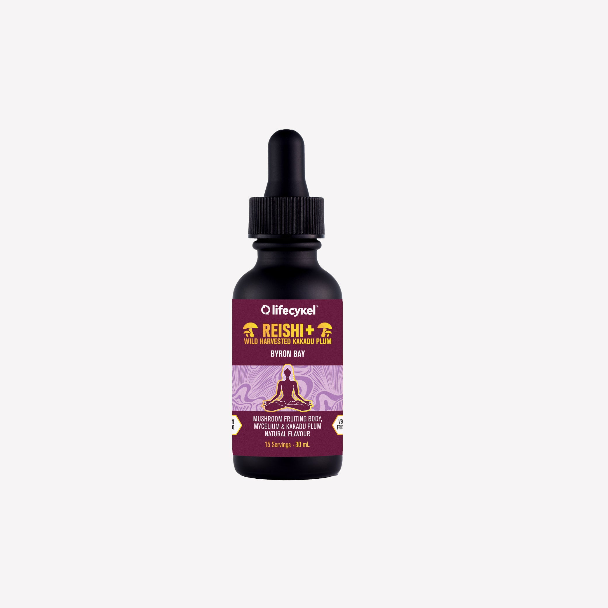 30ml bottle of Lifecykel Reishi+ mushroom extracts bottle on a white background