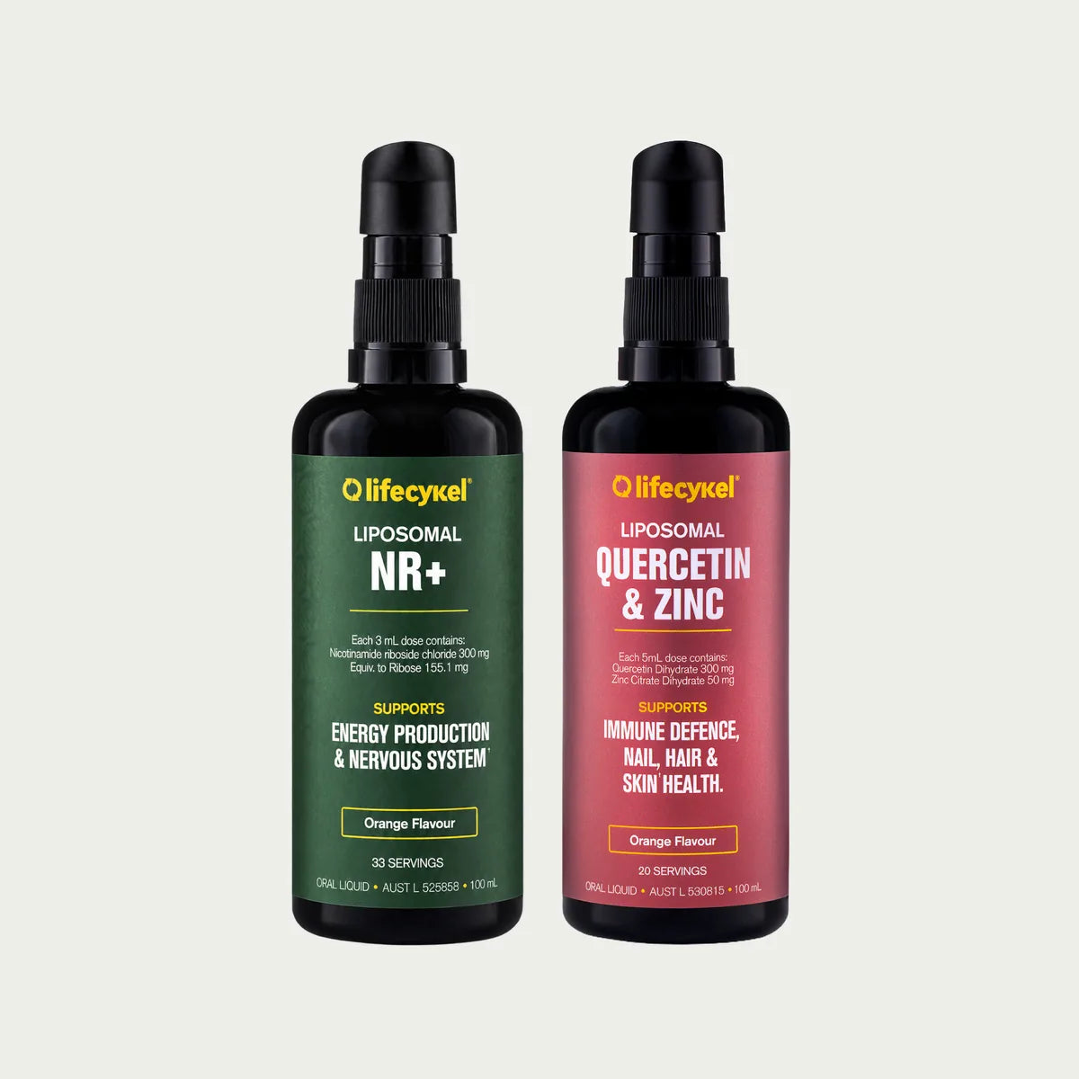 Liposomal NR+ and Liposomal Quercetin & Zinc bottles, front view