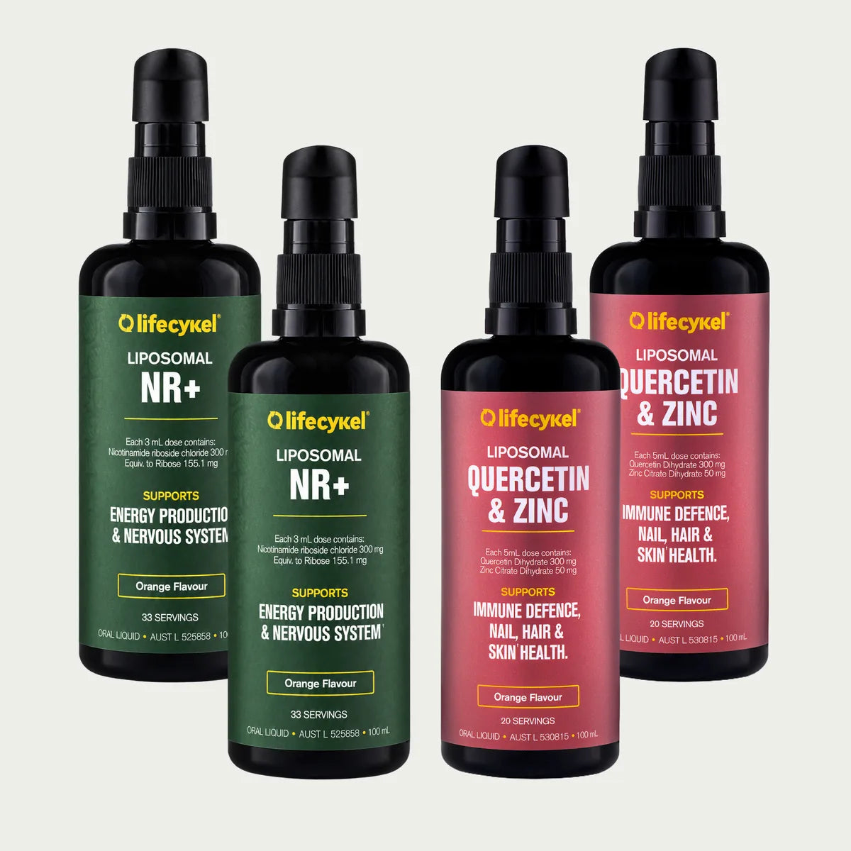Two bottles of Liposomal NR+ and two bottles of Liposomal Quercetin & Zinc, the 2 Pack