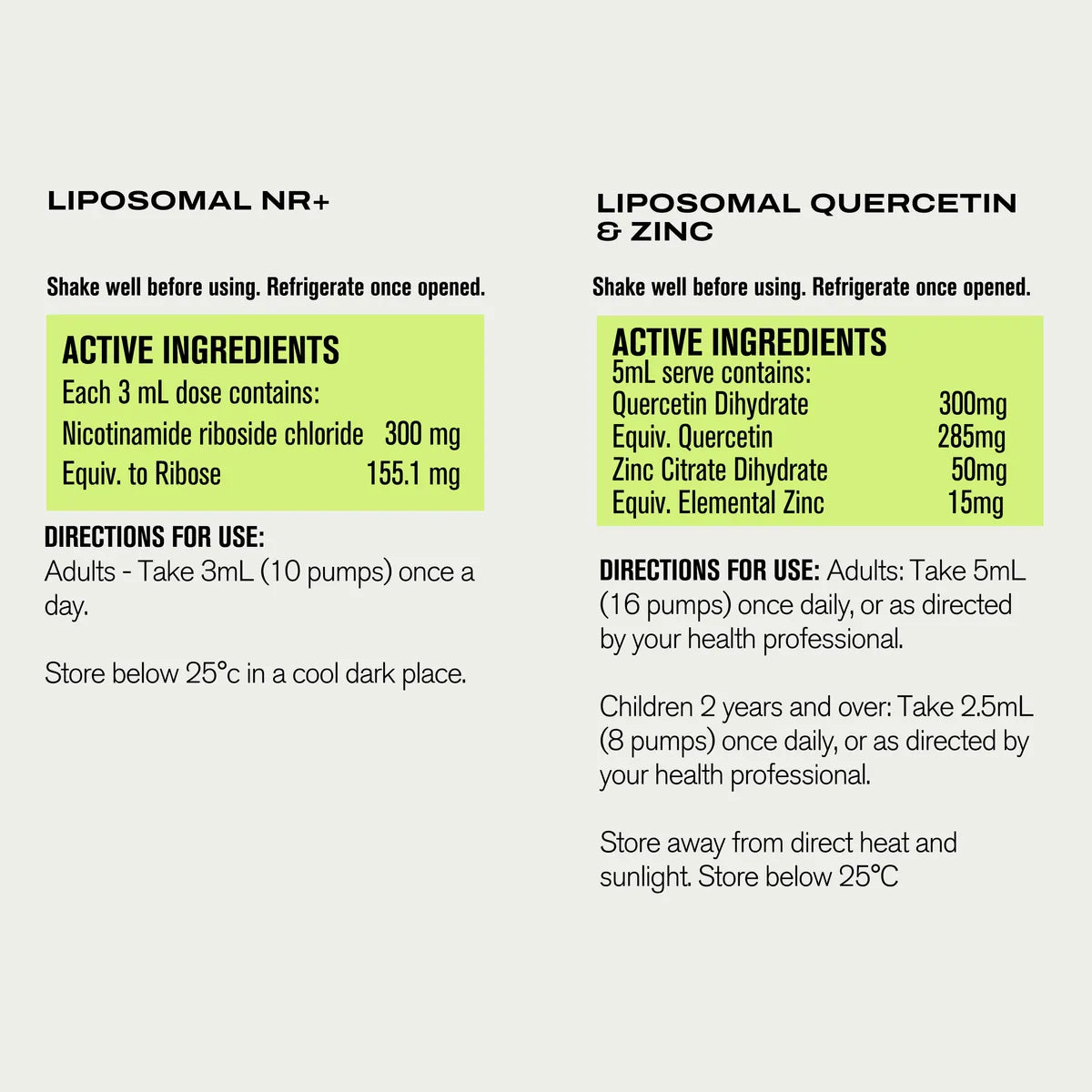 Ingredient and directions label panels for Liposomal NR+ and Liposomal Quercetin & Zinc