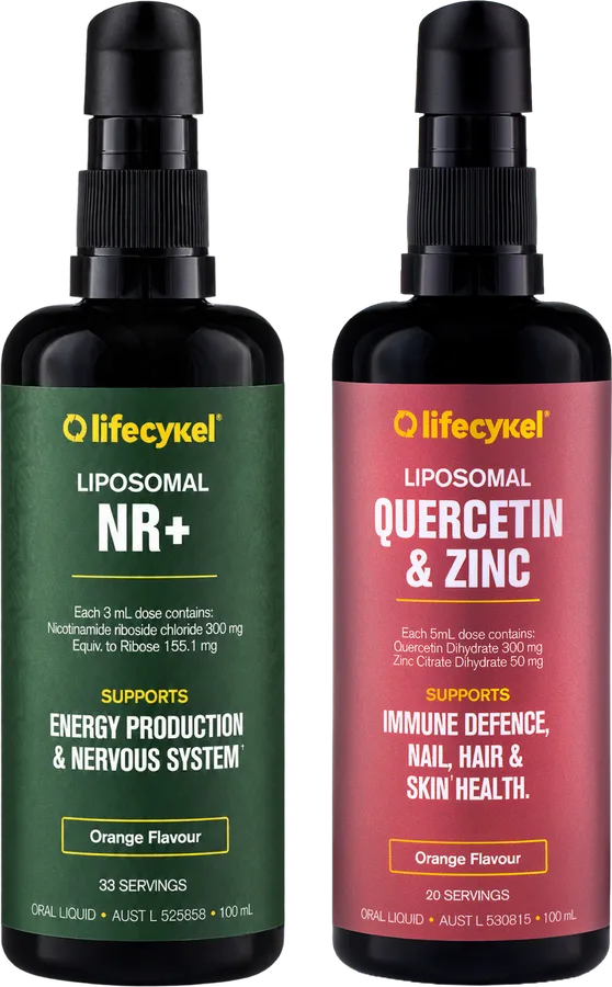 Liposomal NR+ and Liposomal Quercetin & Zinc bottles side by side