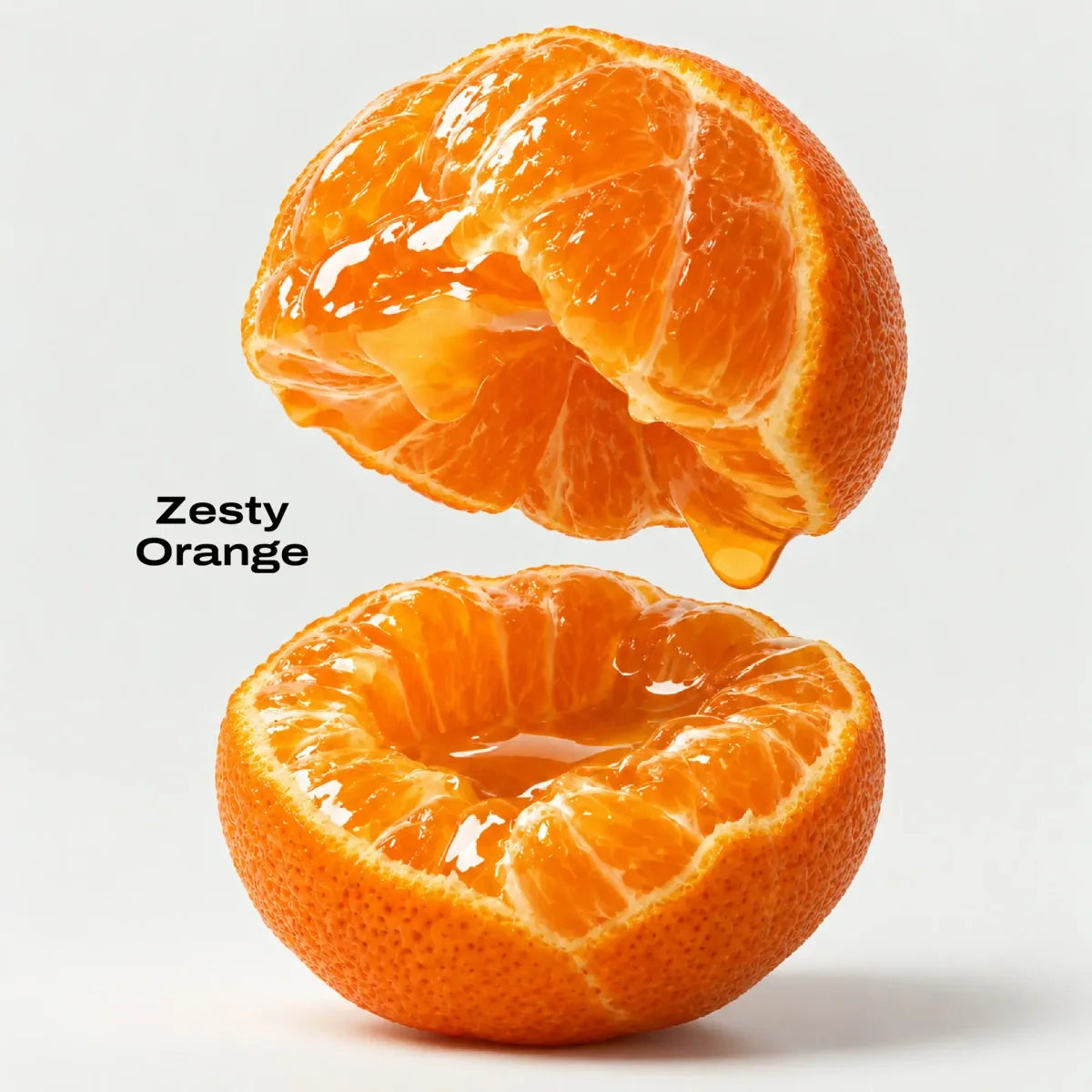 A fresh orange cut in half and pulled apart, labelled Zesty Orange